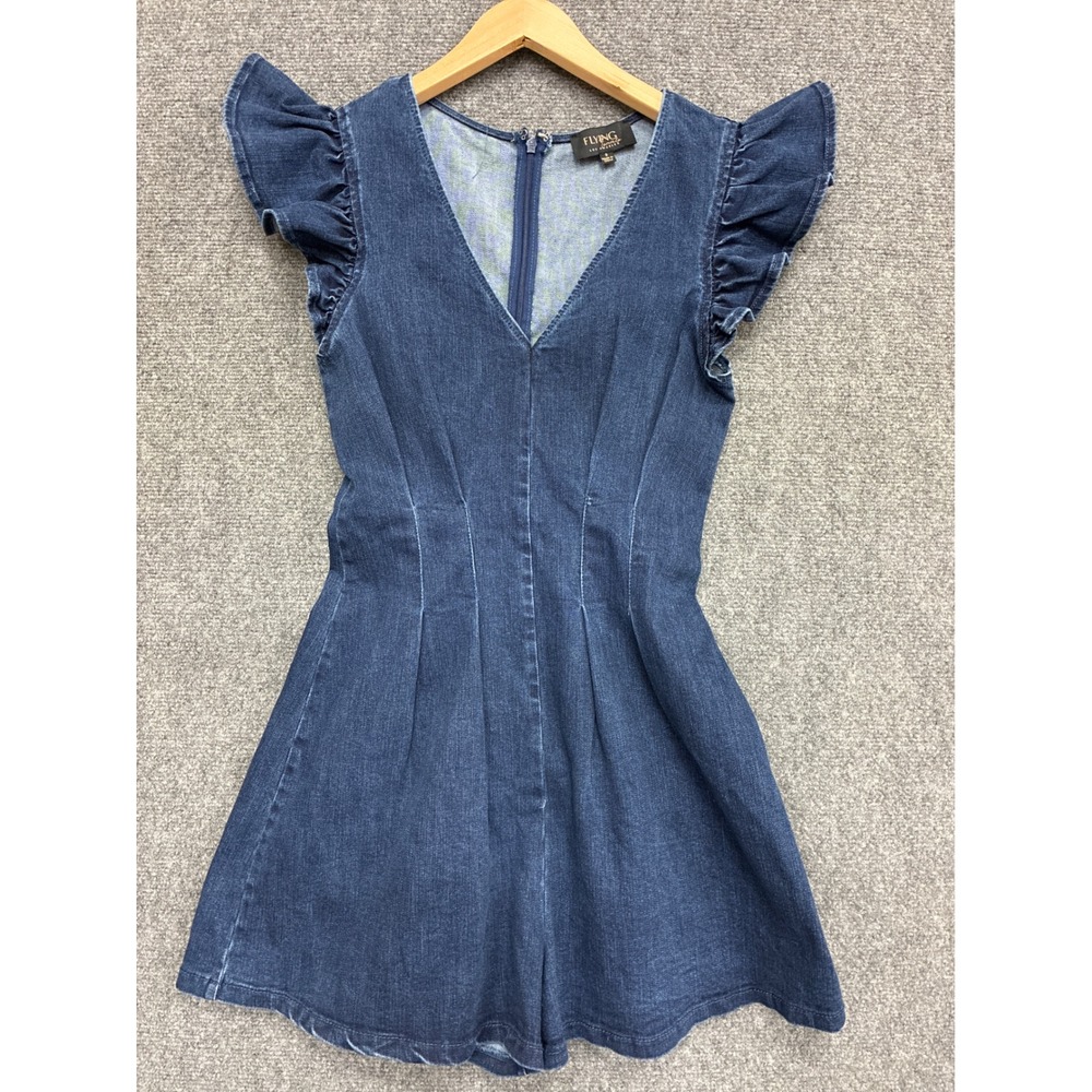 Flying Tomato Denim Romper Dark Wash Ruffle Sleeve V-Neck Small